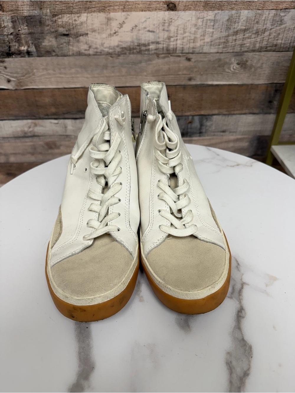 Dolce Vita White & Tan Slide Zip High-Top Sneakers 8.5